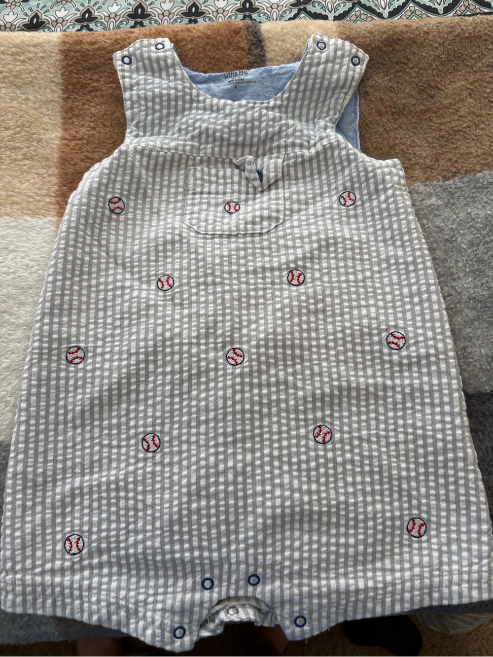 Little Me Baby Boys Baseball Seersucker Romper Size [24m Dr] Blue White Summer